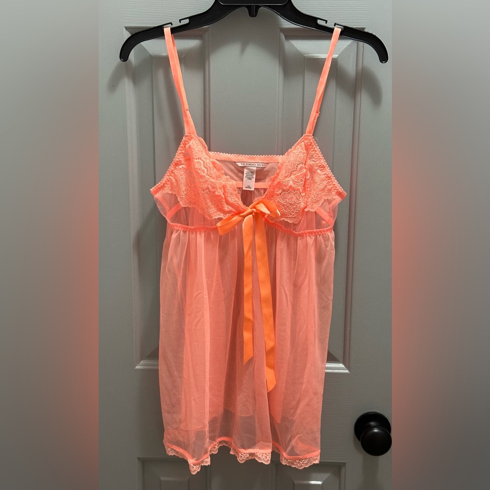 Victoria’s Secret Orange Sherbet Lace & Satin Sheer Slip Dress Size Large